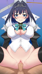 1boy ass bangs black_legwear blue_eyes blue_hair blush bottomless breasts clenched_teeth earrings female floating_headgear hairband highres hololive hololive_english hololive_english_-council- hololive_english_-promise- jewelry navel nt00 ouro_kronii penis puffy_sleeves pussy sex short_hair spread_legs straight teeth testicles thighhighs vaginal_penetration virtual_youtuber