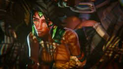 1boy 1girls black_hair dark-skinned_female from_behind green_eyes league_of_legends monster nidalee pleasure_face rengar standing_sex tagme video