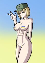 abs azov_chan blonde blonde_female blonde_hair cap censored_nipples censored_pussy looking_at_viewer marichka military_cap muscular muscular_female naked naked_female nude nude_female solo solo_female solo_focus ukrainian ukrainian_flag ukrainian_girl v_gesture