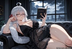 1girl ahoge ai_assisted ai_generated alisa_mikhailovna_kujou armpits babydoll bangs bare_shoulders blue_eyes book breasts cleavage collarbone covered_navel curvaceous curvy curvy_female curvy_figure dress female fur_trim glasses hair_between_eyes hair_ribbon holding holding_book indoors large_breasts lingerie long_hair looking_at_viewer lying miyuai navel parted_lips ribbon silver_hair sleeveless solo symbol-shaped_pupils thick thick_ass thick_butt thick_hips thick_legs thick_thighs thighs tokidoki_bosotto_russian_de_dereru_tonari_no_alya-san underwear voluptuous voluptuous_female wide_hips wide_thighs window