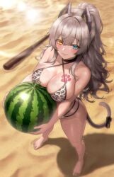 1girl absurdres animal_ears animal_print art_undertaker beach bikini black_choker blush body_markings breasts breasts_squeezed_together cat_print cat_tail choker cleavage commentary_request cross_halter_bikini food from_above girls'_frontline girls'_frontline_2:_exilium grey_hair halter_bikini heterochromia highres holding holding_food large_breasts lens_flare leopard_print leopard_print_bikini mechanical_ears paw_print peritya_(girls'_frontline_2) ponytail sunlight sweat swimsuit tail tattoo_on_breast