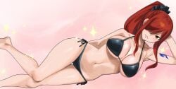 1girl arm_tattoo big_breasts bikini black_bikini black_swimsuit blush blush_lines blushing breasts brown_eyes cleavage closed_mouth collarbone commentary erza_scarlet fairy_tail fairy_tail_logo fairy_tail_mark gaston18 hair_over_one_eye hair_up high_ponytail large_breasts long_hair looking_at_viewer lying navel on_side ponytail red_hair side-tie_bikini_bottom sidelocks smile solo sparkle_background swimsuit tattoo untranslatable_commentary