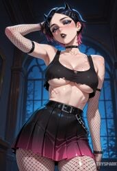 1girl ai_generated arm_behind_head arm_up armpits artist_name belt black_choker black_hair black_lips black_skirt blue_eyes breasts chain choker clove_(valorant) collarbone contrapposto cowboy_shot crop_top ear_piercing eyeshadow fishnet_gloves fishnet_pantyhose fishnets futarush gloves goth_fashion gradient_hair hair_ornament horns large_breasts looking_at_viewer makeup miniskirt mole mole_on_breast multicolored_hair pantyhose patreon patreon_username piercing pleated_skirt riot_games scar short_hair skirt solo sultryspark torn_clothes torn_shirt underboob valorant