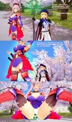 2girls 3d artoria_pendragon artoria_pendragon_(caster) blonde_hair body_growth body_growth_(enlargement) breasts english_text fate/grand_order fate_(series) female female_focus giantess growth huge_breasts koikatsu miyamoto_musashi_(fate) panties panty_shot pink_hair text thighs trapped_under_ass xavierhuge