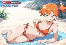 1girl absurd_resolution absurdres ai ai-created ai_art ai_generated anime_coloring bare_arms bare_legs bare_shoulders beach bikini bikini_bottom bikini_top blue_sky blush cloud detailed_background dynamic_angle dynamic_pose exhibitionism exibitionism exited explicit game_freak glossy glossy_body glossy_skin gorgeous green_eyes hair_tie hentai hi_res high_contrast high_quality high_resolution in_heat kasumi_(pokemon) ken_sugimori looking_at_viewer lying misty_(pokemon) navel nsfw ocean orange_bikini orange_hair outdoors palm_tree patreon perfect_anatomy pervert_female plump pokemon pokemon_(anime) ponytail presenting rating_explicit reclining rock sand sea sexy sexy_body sexy_female sexy_pose side_ponytail smile soft_shading solo source_anime spiky_hair sunlight swimsuit teasing teasing_viewer thighs towel voluptuous voluptuous_body voluptuous_female water