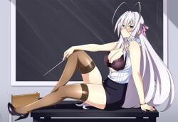 1girl bare_shoulders big_breasts black_bra black_shoes bra bracelet breasts chair cleavage closed_mouth commentary commission crossed_bangs full_body hair_between_eyes hand_on_own_knee high_heels high_school_dxd jewelry knee_up large_breasts lindaroze long_hair looking_at_viewer open_clothes open_shirt pencil_skirt rossweisse shirt shoes sitting skirt solo split_mouth table thighhighs underwear very_long_hair white_shirt