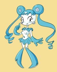 1girl blue_hair blue_skirt boots bow breasts cosplay double_bun drill_hair earrings full_body gloves jenny_wakeman jewelry knee_boots long_hair magical_girl medium_breasts my_life_as_a_teenage_robot nipples sailor_moon sailor_senshi_uniform simple_background single_hair_bun skirt small_breasts smile solo tagme_(artist) twintails yellow_background