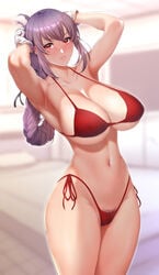 adjusting_hair armpits arms_up bikini braid braided_ponytail breasts cleavage collarbone curvy fate/grand_order fate_(series) female female female_pubic_hair florence_nightingale_(fate) gloves highleg highleg_bikini highres large_breasts legs_together lips long_hair looking_at_viewer navel parted_lips pubic_hair pubic_hair_peek purple_hair red_bikini red_eyes shiny shiny_hair side-tie_bikini single_braid solo standing stomach swimsuit tan thick_thighs thighs underboob undersized_clothes white_gloves zucchini