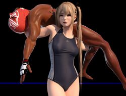 3d blonde_female blue_eyes breasts dark-skinned_female dead_or_alive dead_or_alive_5 efudeea lifting_person light-skinned_female long_hair looking_at_viewer marie_rose mask one-piece_swimsuit swimsuit twintails wrestling wrestling_ring