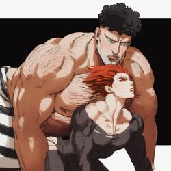 2boys all_fours biceps black_hair blush clothed collarbone damaged_clothes dudlesnoodles dudlesnudy garou_(one-punch_man) gay hairy heterochromia looking_at_another looking_down looking_up male male/male male_only muscular_male nipples one-punch_man puri-puri_prisoner red_hair size_difference toned_male topless_male triceps yaoi