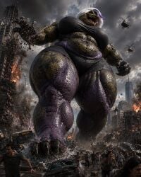 ai_generated anthro_female black_streak cityscape claws-and-paws crocodile crocodilian crop_top fingerless_gloves giantess lavender_hair oc rampage scalie_humanoid shorts side_hair two-tone_hair two_tone_skin
