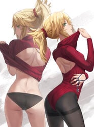 1girls 2d_(artwork) ass ass_cleavage black_panties blonde blonde_eyebrows blonde_female blonde_hair blonde_hair_female butt_crack fate/grand_order fate_(series) female_ass green_eyes leotard leotard_sweater looking_at_viewer looking_back mordred_(fate) multiple_poses necklace no_pants panties pantyhose ponytail solo solo_female sweater tagme thighs tonee trefoil