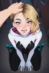 1futa 1male ai_generated alley blonde_hair blue_eyes cum_in_mouth gwen_stacy hand_on_head male_on_futa night spider-gwen spider_gwen_suit white_skin