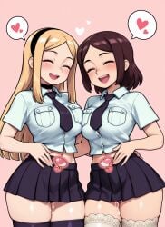 2girls after_sex ai_generated aigenerated carol_(skullgirls) cum_filled cum_in_pussy filia_(skullgirls) filled_uterus filled_womb from_behind holding_belly holding_cum impregnation mayihavesomeslops painwheel pre-samson_filia skullgirls smile spoken_impregnation