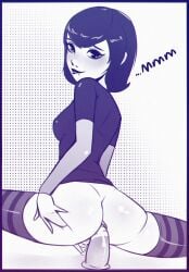 1girl anal anal_object_insertion ass biting_own_lip black_lips blush bottomless breasts dildo dildo_riding female_masturbation from_behind hotel_transylvania lips lipstick looking_at_viewer looking_back luster makeup masturbation mavis_dracula monochrome object_insertion sex_toy shirt short_hair small_breasts solo spread_legs striped_clothes striped_legwear t-shirt thighhighs uncensored vaginal