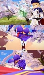 2girls 3d artoria_pendragon artoria_pendragon_(caster) blonde_hair body_growth body_growth_(enlargement) breasts english_text fate/grand_order fate_(series) female female_focus giantess growth huge_breasts koikatsu miyamoto_musashi_(fate) panties panty_shot pink_hair text thighs xavierhuge