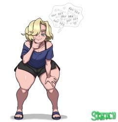1boy 1femboy artist_signature blonde_hair blue_eyes blush blush_lines blushing bulge_under_clothes clothing femboy hair_over_one_eye nao-kun_(sayasushiswag) short_hair shorts simple_background sketchcolor thighs thought_bubble