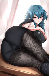 1girls absurdres ass black_legwear blue_eyes blue_hair breasts byleth_(fire_emblem) byleth_(fire_emblem)_(female) cameltoe cleavage female female_only fire_emblem fire_emblem:_three_houses floral_print highres huge_breasts kyle_(kysizzle) large_ass large_breasts leggings looking_at_viewer lying medium_hair nintendo on_side pantyhose partially_visible_vulva seductive_smile skindentation smile solo teal_hair