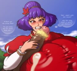 angelauxes drool drooling english_text erect_nipples erect_nipples_under_clothes excessive_smegma female_focus fully_clothed grimace huge_breasts huge_cock kanako_yasaka large_breasts mosaic_censoring purple_hair red_eyes short_hair smegma touhou