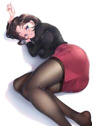 1girls 2019 arm_up ass big_breasts black_hair blue_eyes breasts clothed clothing earrings female female_only fully_clothed high_resolution looking_at_viewer lying lying_on_side mature mature_female milf muto original pantyhose shadow short_hair simple_background skirt sweat thick_thighs thighs watermark white_background