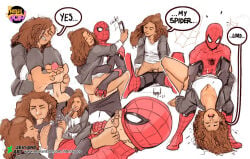 1boy 1girls barefoot brown_hair cowgirl_position cum cumming curly_hair dark-skinned_female dark_skin dialogue erection feet fellatio female female_on_top foot_fetish footjob handjob light-skinned_male light_skin male marvel marvel_cinematic_universe michelle_jones missionary_position oral oral_sex penetration penis peter_parker pussy riding selfie sex smartphone spider-man spider-man_(series) straight tagme_(artist) text vaginal_penetration zendaya