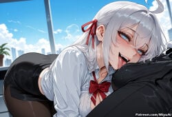 1boy 1girl ahoge ai_assisted ai_generated alisa_mikhailovna_kujou bangs black_legwear black_skirt blue_eyes blue_sky blush bow bowtie breasts cleavage cloud cloudy_sky collared_shirt curvaceous curvy curvy_female curvy_figure day dress_shirt eyebrows_visible_through_hair female hair_between_eyes hair_ribbon half-closed_eyes indoors large_breasts long_hair looking_at_viewer miniskirt miyuai open_mouth pantyhose pencil_skirt red_neckwear red_ribbon ribbon shirt silver_hair skirt sky smile teeth thick thick_ass thick_butt thick_hips thick_legs thick_thighs tokidoki_bosotto_russian_de_dereru_tonari_no_alya-san tongue tongue_out voluptuous voluptuous_female white_shirt wide_hips wide_thighs