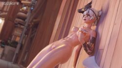 1girls abs asian blizzard_entertainment breasts butt donut doughnut eggs hashimoto_kiriko headgear headwear japanese kiriko_(overwatch) kiriko_kamori looking_at_viewer mask naked naked_female nude nude_female overwatch smiling white_hair