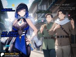 ai_generated big_ass big_breasts blue_eyes blue_hair cleavage comic earrings english_text faceless_male genshin_impact gloves pale-skinned_female parody rejection short_hair text yelan_(genshin_impact)
