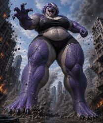 ai_generated anthro_female black_streak cityscape claws-and-paws crocodile crocodilian crop_top fingerless_gloves giantess lavender_hair oc rampage scalie_humanoid shorts side_hair two-tone_hair two_tone_skin