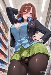 1futa ai_generated artist_name black_jacket black_pantyhose blazer blue_cardigan blue_eyes blush breasts brown_hair bulge cardigan closed_mouth convenience_store covered_penis cowboy_shot erection_under_clothes flaccid from_below futanari futarush go-toubun_no_hanayome green_skirt hair_between_eyes hand_on_own_hip headphones headphones_around_neck indoors jacket large_breasts long_hair long_sleeves looking_at_viewer miku_nakano miniskirt nakano_miku open_clothes open_jacket pantyhose patreon patreon_username pleated_skirt school_uniform shirt shop skirt solo sultryspark testicles the_quintessential_quintuplets white_shirt
