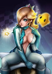 1girls 2015 big_breasts bike_outfit_(mario_kart) blonde_hair blue_eyes blue_scarf blue_shell breasts crown earrings female female_only hair_over_one_eye jumpsuit long_hair looking_away luma mario_(series) mario_kart nintendo open_clothes open_jumpsuit princess_rosalina racing_suit scarf scrappy195 shiny_skin sitting skin_tight solo star_earrings wand