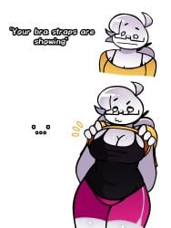 black_topwear clothing glasses pink_shorts self_upload shirt_lift sohornyraccoon sona_(sohornyraccoon) tagme text white_eyes white_skin your_bra_strap_is_showing_(meme)