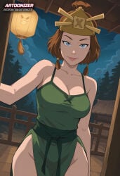 1girls ai_generated artoonizer ass avatar_the_last_airbender belt big_ass big_breasts blue_eyes bob_cut breasts brown_hair dress female green_dress hand_behind_back headwear kyoshi_warrior legs_together light-skinned_female light_skin looking_at_viewer nickelodeon patreon patreon_username plunging_neckline posing smile solo solo_female solo_focus standing suki the_legend_of_aang thick_hips thick_thighs tied_hair wide_hips without_panties without_underwear