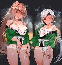 2girls absurdres alternate_costume blush breasts brown_eyes brown_hair censored chitose_(kancolle) clothing_aside commentary_request commission cowboy_shot female_pubic_hair fundoshi fundoshi_aside furaggu_(frag_0416) grey_eyes grey_hair hair_ribbon happi headband height_difference high_ponytail highres japanese_clothes kantai_collection large_breasts long_hair looking_at_viewer mosaic_censoring multiple_girls nipples ponytail pubic_hair pussy ribbon sarashi skeb_commission smile tanlines thighs yamato_(kancolle)