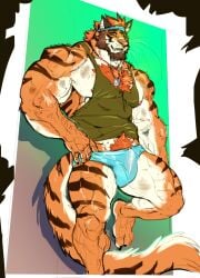 2024 anthro barazoku beard biceps blue_clothing blue_kerchief blue_underwear brown_facial_hair bulge canid canine canis chest_tuft claws clothing facial_hair felid finger_claws fur green_clothing green_shirt green_tank_top green_topwear hair hi_res hybrid kerchief leaning_against_wall male mammal muscular muscular_anthro muscular_male muscular_thighs nightterror nipples orange_body orange_eyes orange_fur pantherine pecs pubes quads raised_foot raykie_(raykie_ff14) red_hair shirt solo tail tank_top tiger toe_claws topwear tuft underwear vein veiny_muscles whiskers wolf