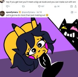 1boy 1girls cat_ears cat_girl catgirl deltarune dick feline friend_(deltarune) game_developer looking_pleasured slutty_female sona spoofymaru sucking sucking_penis twitter twitter_username yellow_skin