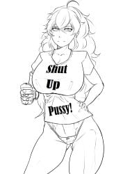 1girls black_and_white half-dressed half_naked half_naked_female hand_on_hip long_hair long_hair_female mr.russo panties robotic_arm rwby solo_female writing_on_shirt yang_xiao_long