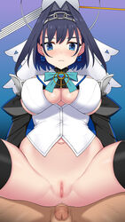 1boy ass bangs black_legwear blue_eyes blue_hair blush bottomless breasts earrings female floating_headgear hairband highres hololive hololive_english hololive_english_-council- hololive_english_-promise- jewelry navel nt00 ouro_kronii penis puffy_sleeves pussy short_hair spread_legs thighhighs virtual_youtuber