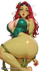 1girl ai_generated anal artist_name ass bare_shoulders blush bracelet breasts cleavage colored_skin covered_navel dc dc_comics earrings explicit eyeshadow eyewear_on_head flower green_eyes green_skin hair_flower hair_ornament harley_quinn_(series) jewelry large_breasts leotard lipstick long_hair looking_at_viewer makeup nail_polish object_insertion open_mouth patreon poison_ivy pussy pussy_juice red_hair senpai_pixels simple_background solo sunglasses sweat swimsuit tan tentacle_sex tentacles thighs tongue vaginal white_background