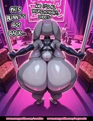 ai_generated animal_ears anthro bent_over big_butt black_gloves bottom_heavy collar digital_art disney english_text female fluffy_tail furry grey_fur harness huge_ass judy_hopps leather_harness looking_back mammal neon_lights nightclub pink_lighting pole pole_dancing presenting rabbit rabbit_ears rampa69 rear_view shiny_skin straps tail text thick_legs thick_thighs thigh_highs wide_hips zootopia