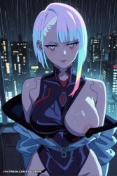 1girl ai ai_art ai_generated areola_slip bare_shoulders black_leotard blue_eyes breasts building city cityscape closed_mouth cyberpunk cyberpunk:_edgerunners cyberpunk_2077 cyborg eyeliner highleg highleg_leotard jacket large_breasts leotard looking_at_viewer lucy_(cyberpunk) lucyna_kushinada makeup multicolored_hair night nipple_slip nipples off-shoulder_jacket off_shoulder one_breast_out open_clothes open_jacket parted_bangs rain red_eyeliner short_hair sky solo wet white_hair white_jacket