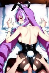 1boy 1girls ai_generated all_fours animal_ears ass back backboob bare_shoulders breasts clothing_aside detached_collar doggy_style facing_away fake_animal_ears fake_tail female female_focus from_behind heart highleg_leotard large_breasts leotard leotard_aside macross_delta male mikumo_guynemer pantyhose penis pillow playboy_bunny pov pussy rabbit_ears rabbit_tail sex sex_from_behind sheet_grab solo_focus straight strapless strapless_leotard sweat tagme tail torn_clothes torn_pantyhose vaginal_penetration video wrist_cuffs