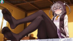 1girls ahoge ai_generated artist_name artist_signature blush brown_hair crossed_legs eyebrows_visible_through_hair feet foot_focus foreshortening hi_res high_resolution highres kurutai long_hair looking_at_viewer pantyhose purple_eyes purple_skirt shichinosato_kofuki shirt sitting skirt smile soles solo subscribestar subscribestar_username toes toji_no_miko uncensored