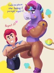 berry_(brawl_stars) big_penis bottomless brawl_stars colt_(brawl_stars) english_text horse horsecock inminent_sex looking_at_partner male_only muscular_male ricostanny size_difference tagme tattoo