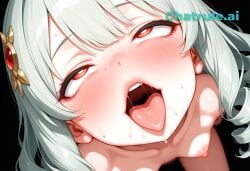 1girl 2d ahegao_face ai_assisted ai_generated beautiful_eyes detailed_background detailed_eyes detailed_face drill_hair green_hair grey_hair hair_ornament high_angle huge_eyes jewelry long_hair naked petite_breasts red_eyes small_breasts visible_breasts visible_nipples vita yellow_pupils