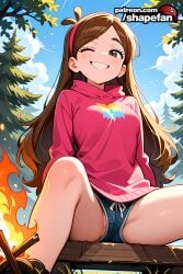 1girl absurd_res absurdres ai-created ai-generated ai_art ai_generated artist_name athletic_female bangs blue_shorts blue_sky blush boobs breasts brown_eyes brown_hair bust campfire chest cloud day denim denim_shorts female fire fit_female grin hairband hi_res high_quality high_resolution hood hoodie long_hair long_sleeves looking_at_viewer medium_breasts one_eye_closed outdoors patreon patreon_username pink_hairband pink_hoodie sensitive shapefan short_shorts shorts sitting sky smile solo spread_legs stable_diffusion tagme thighs tits tree uncensored upshorts
