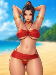 ai_generated amber_eyes armlet armpit_crease armpits arms_behind_head avatar_the_last_airbender azula bangs beach belly_button bikini bikini_strings black_outline blurry_background choker choker_necklace eyelashes eyeshadow female female_only grok hair_bun hair_tie hairbun hourglass_figure lipstick looking_at_viewer medium_breasts micro_bikini midriff miniskirt narrow_waist ocean pelvic_line pendant_choker rgomez007 seductive_look seductive_smile self_upload skimpy skimpy_clothes slight_smile solo_female standing swimsuit thick_thighs thong_bikini thong_straps underboob upskirt wide_hips
