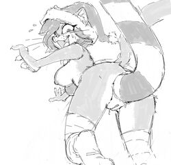 2021 akunim anal anal_sex anthro anus ass black_and_white blush bodily_fluids breasts candy candy_cane christmas christmas_clothing christmas_headwear clothing dessert digital_media_(artwork) domestic_cat felid feline felis female female_focus female_only food fur genitals hair hat headgear headwear helia_peppercats_(wrinklynewt) holidays improvised_dildo improvised_sex_toy large_insertion legwear looking_at_viewer looking_back mammal monochrome nipples open_mouth original original_character penetration pussy santa_hat sex_toy simple_background smile solo stockings sweat white_background