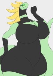 alien alien_girl alien_humanoid black_dress black_gloves black_neckwear breedable_hips fluffylatios green_body green_eyes green_skin huge_ass huge_breasts slightly_chubby tail yellow_hair
