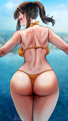 1girls 2021 anime_style artist_signature ass ass_focus ass_shot back back_view backboob big_ass big_breasts bikini black_hair blush breasts bubble_butt enen_no_shouboutai female female_only fire_force foxy_rain_(foxyreine) foxyrain_(foxyreine) foxyreine hips hourglass_figure large_ass large_breasts long_hair looking_at_viewer looking_back looking_over_shoulder open_mouth orange_bikini outdoors oze_maki ponytail purple_eyes slim_waist thick_thighs thighs water wet wet_body wide_hips